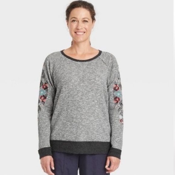 Knox Rose Heather Gray Floral Embroidered Pullover Sweatshirt Sweater L - Picture 1 of 10
